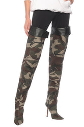 Camo Canvas Pocket Pointy Toe Over-The-Knee High Stiletto Boots